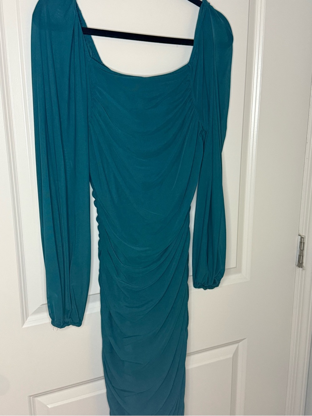 Ruched Teal Long-Sleeve Women’s Dress